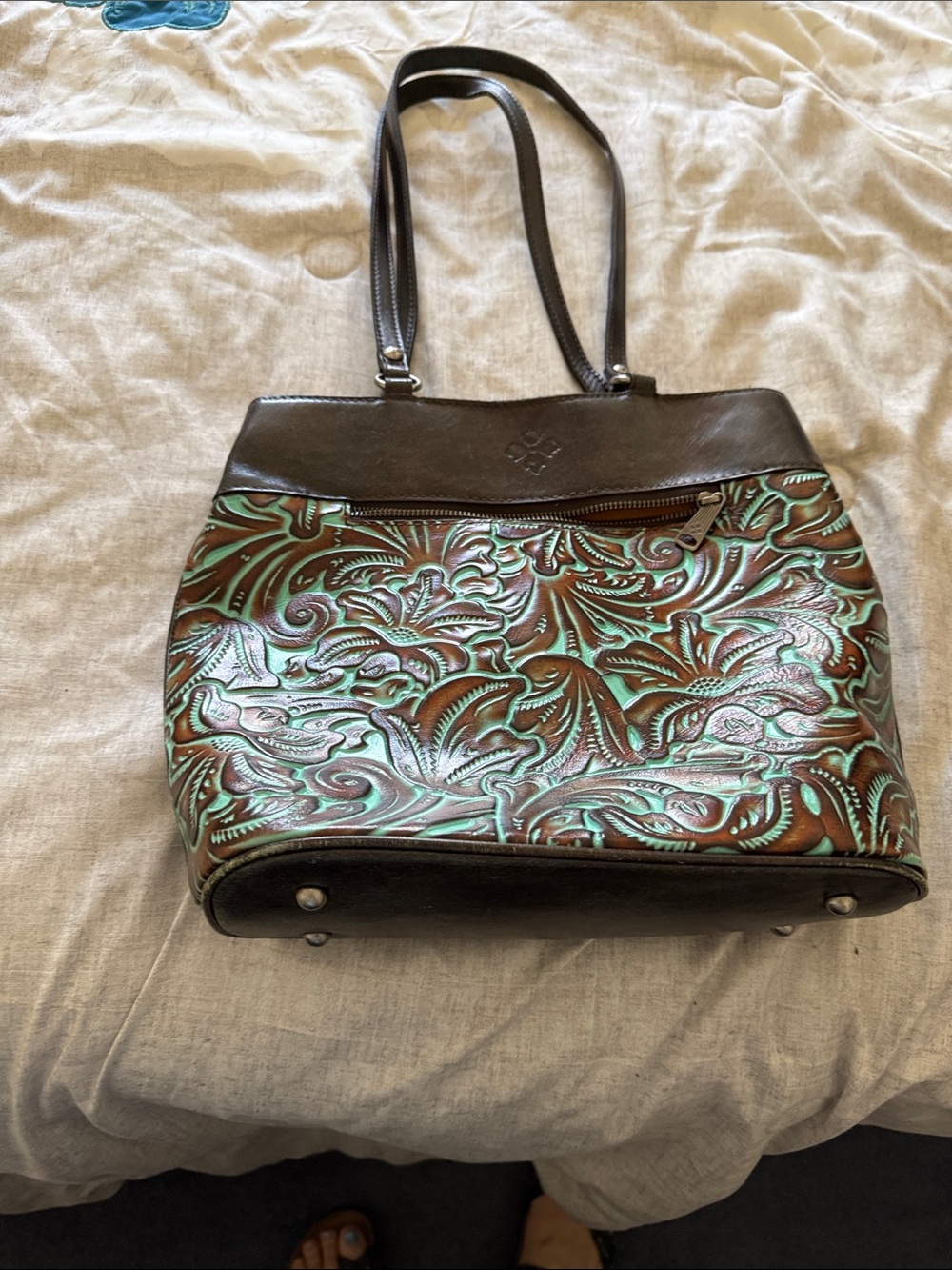 Patricia Nash Brown Leather Tote with Turquoise Patina Tooled Design